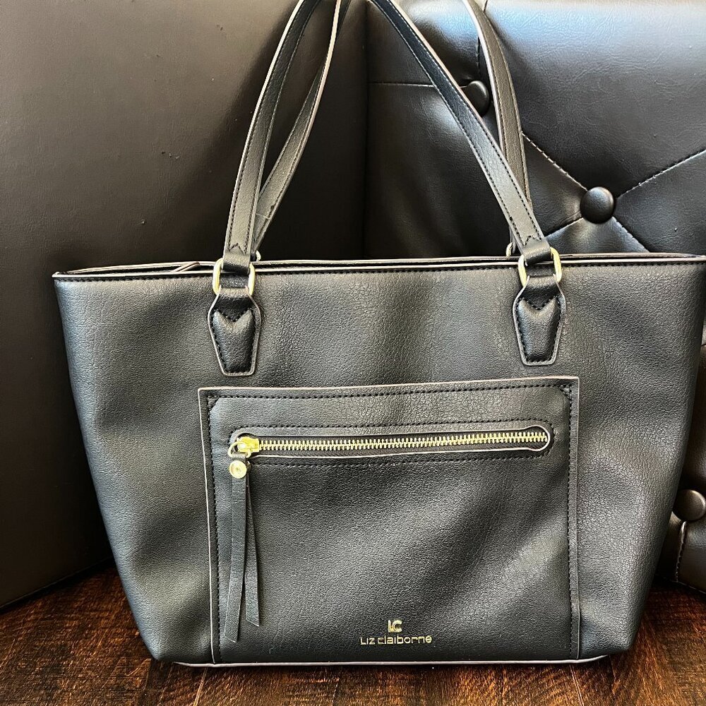 Liz Claiborne Black Faux Leather Structured Tote Bag with Gold Hardware
